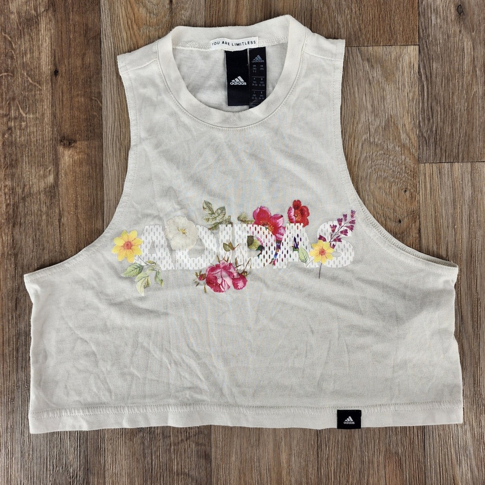 Adidas Womens 2XS Off-White Beige Floral Logo Crop Tank Top Graphic Athletic